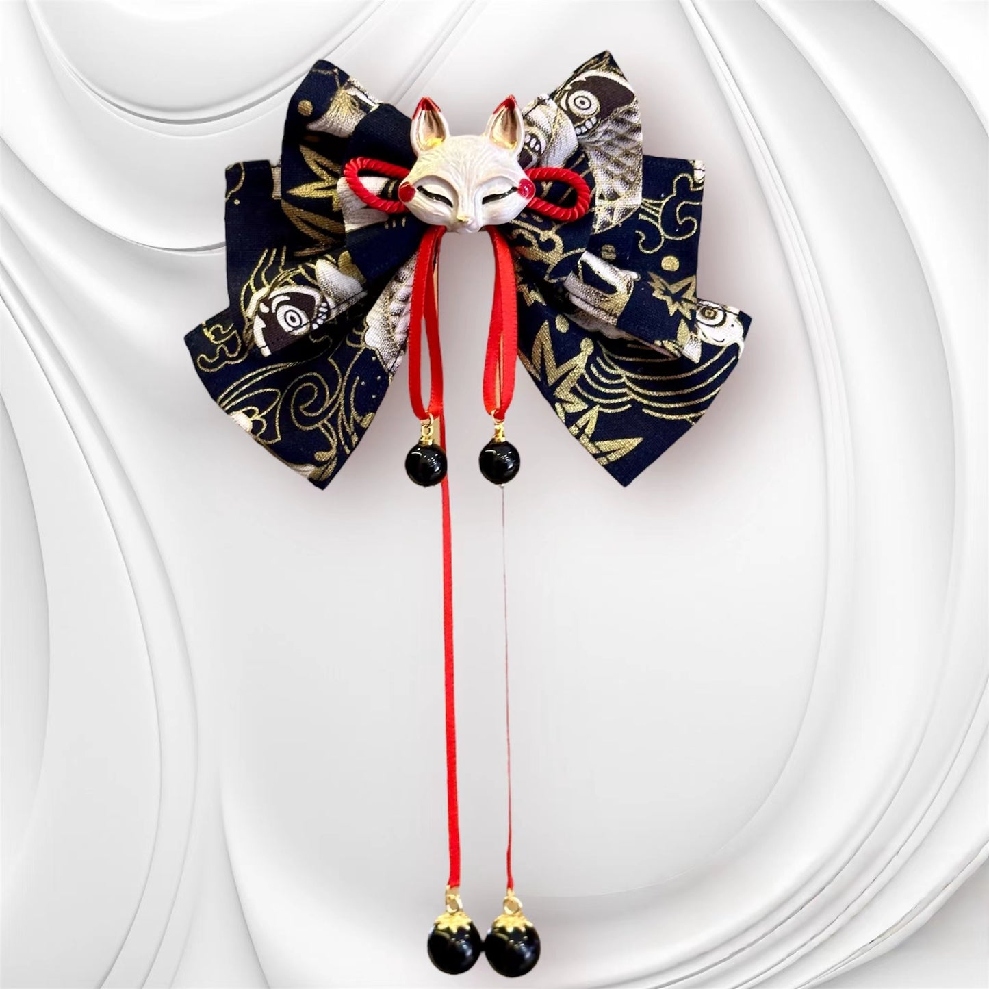 Fox Mask Bow Hair Clip (Black Koi Fabric)