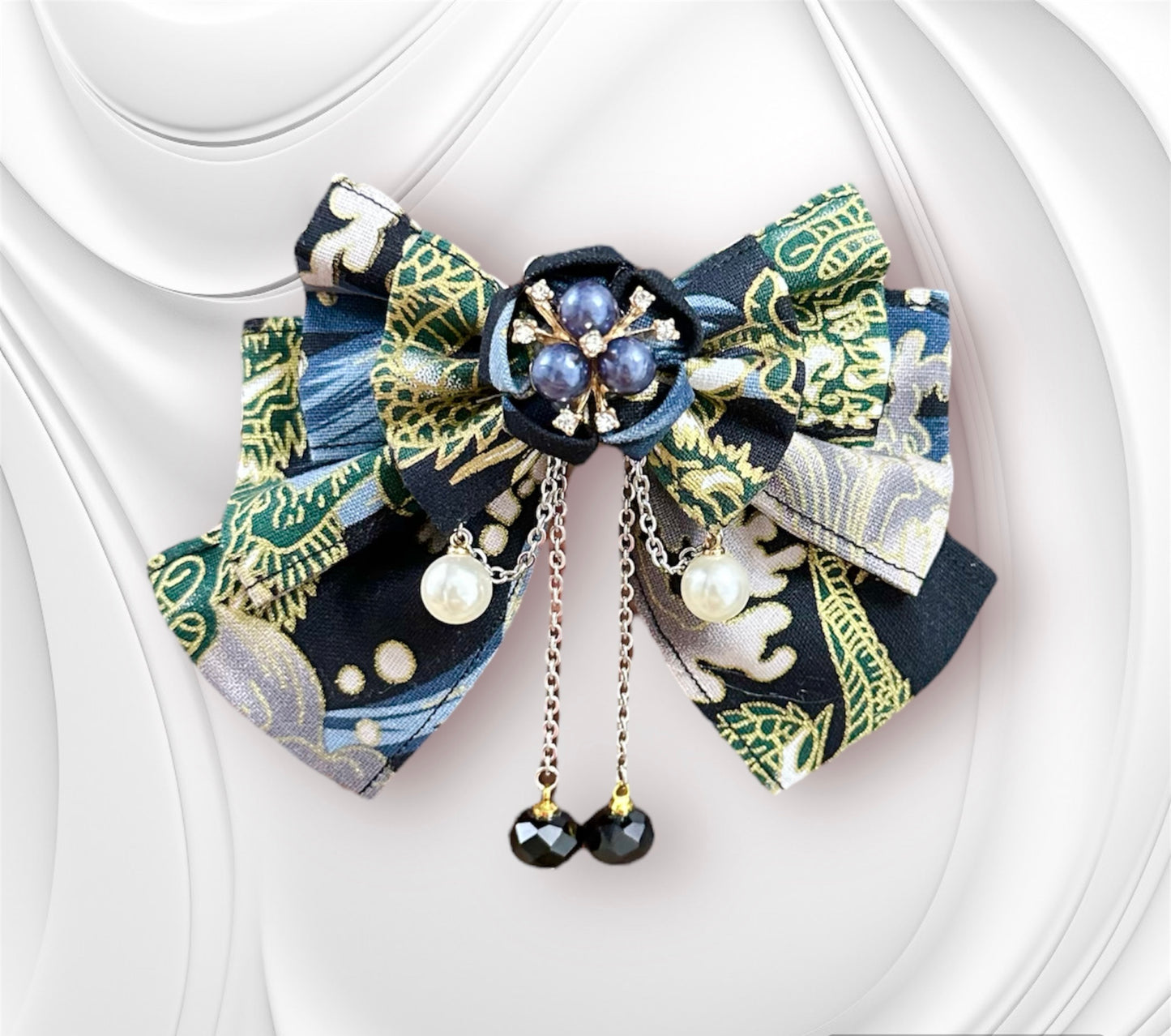 樱花蝴蝶结发夹 (深绿色龙布料)