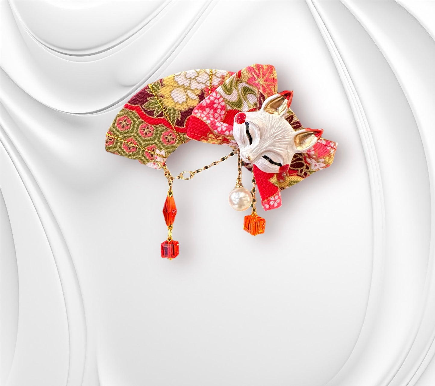 Crescent Moon Fox Mask Hair Clip (Red Blooming Flowers Fabric)