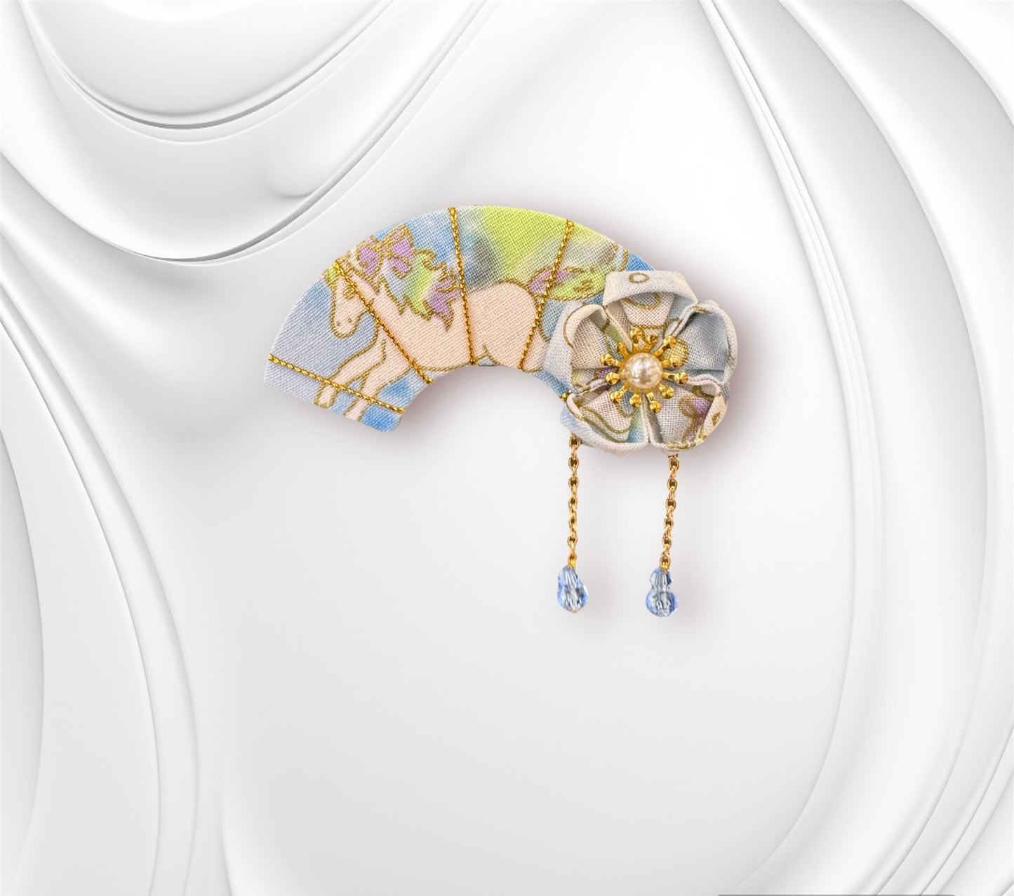 Crescent Moon Sakura Hair Clip (Light Blue Unicorn Fabric)