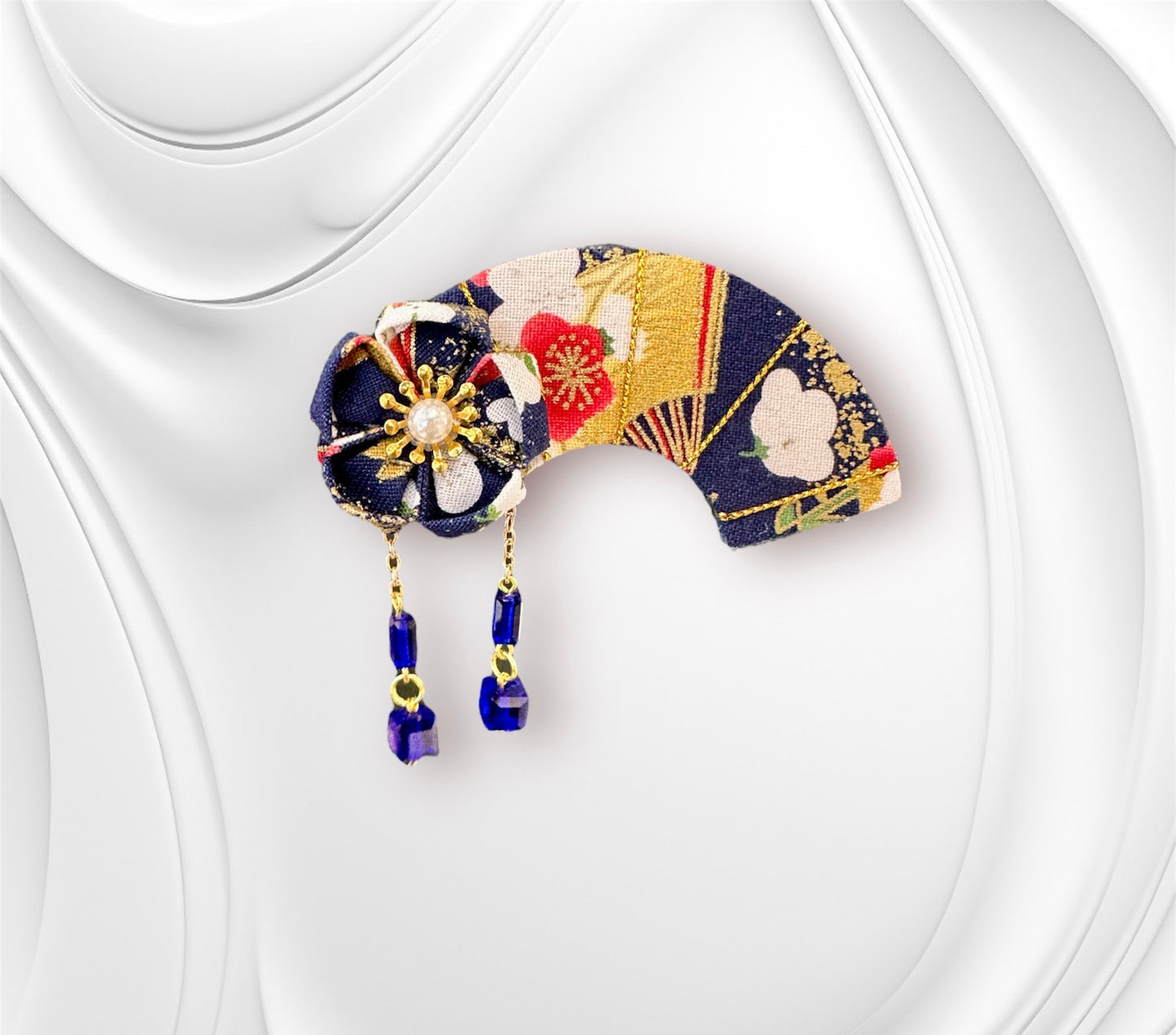 Crescent Moon Sakura Hair Clip (Navy Blue Sakura Fabric)