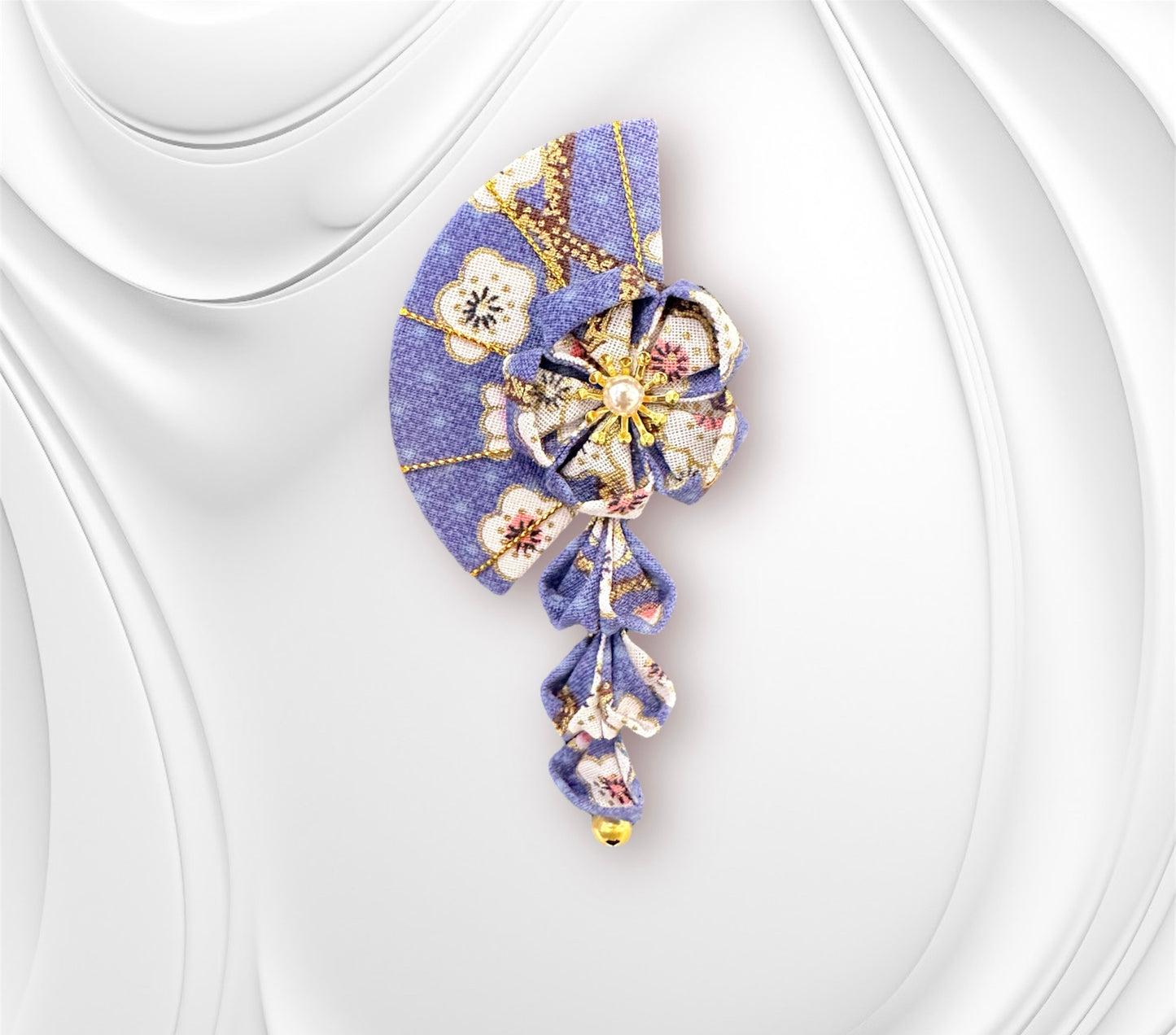 Fan Sakura Hair Clip (Blue Plum Blossom Fabric)