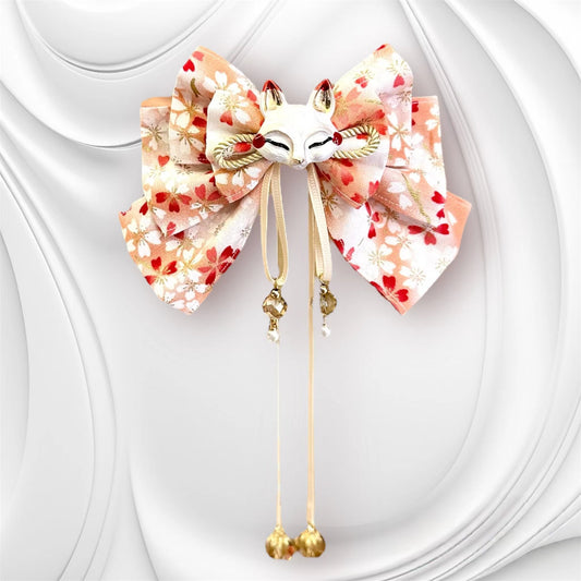 Fox Mask Bow Hair Clip (Peach Sakura Fabric)
