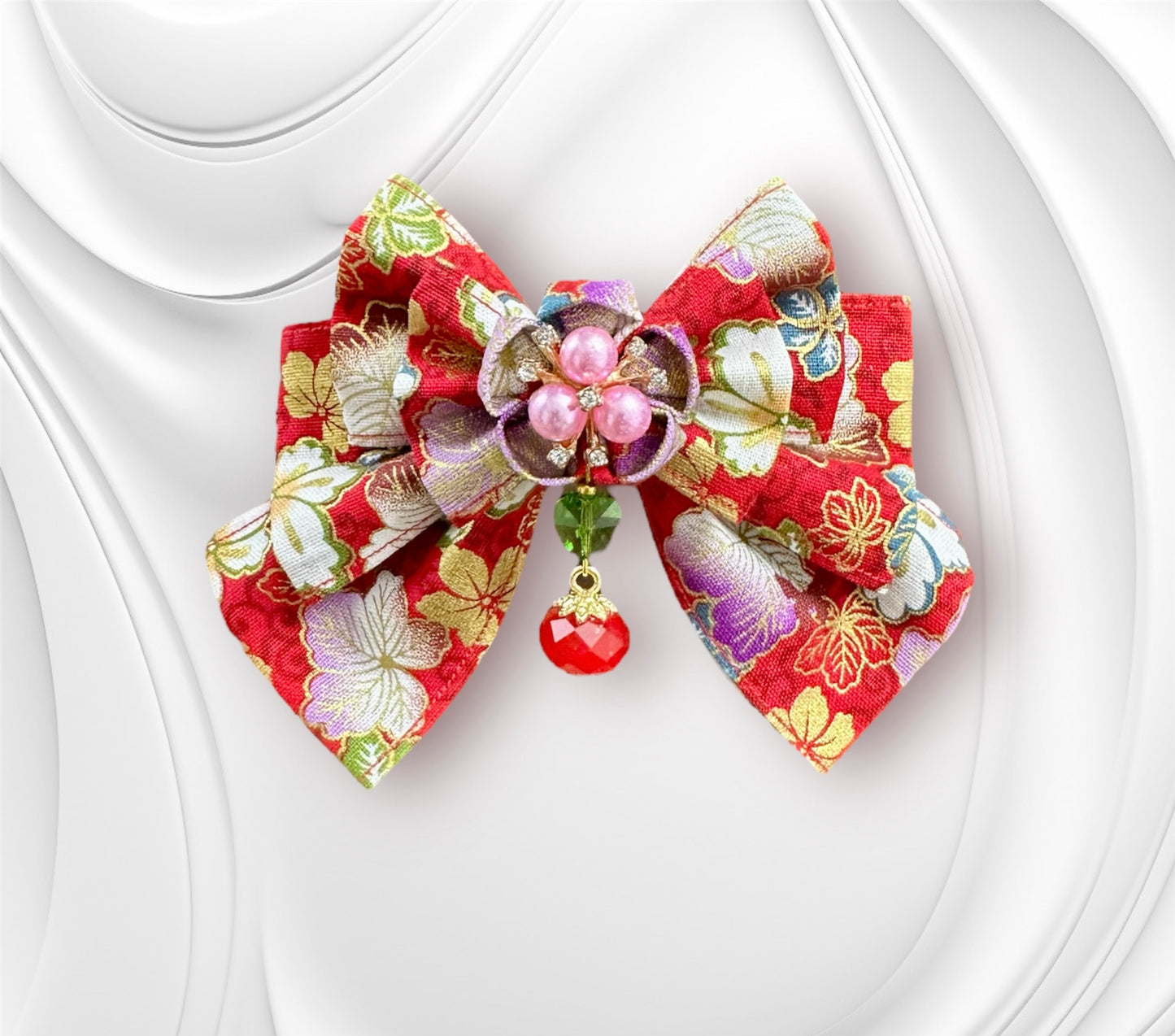 Sakura Bow Hair Clip (Red Maple Leaf Fabric)