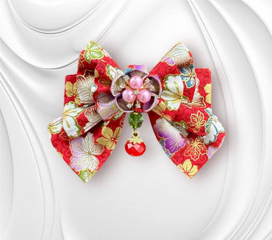 Sakura Bow Hair Clip (Red Maple Leaf Fabric)