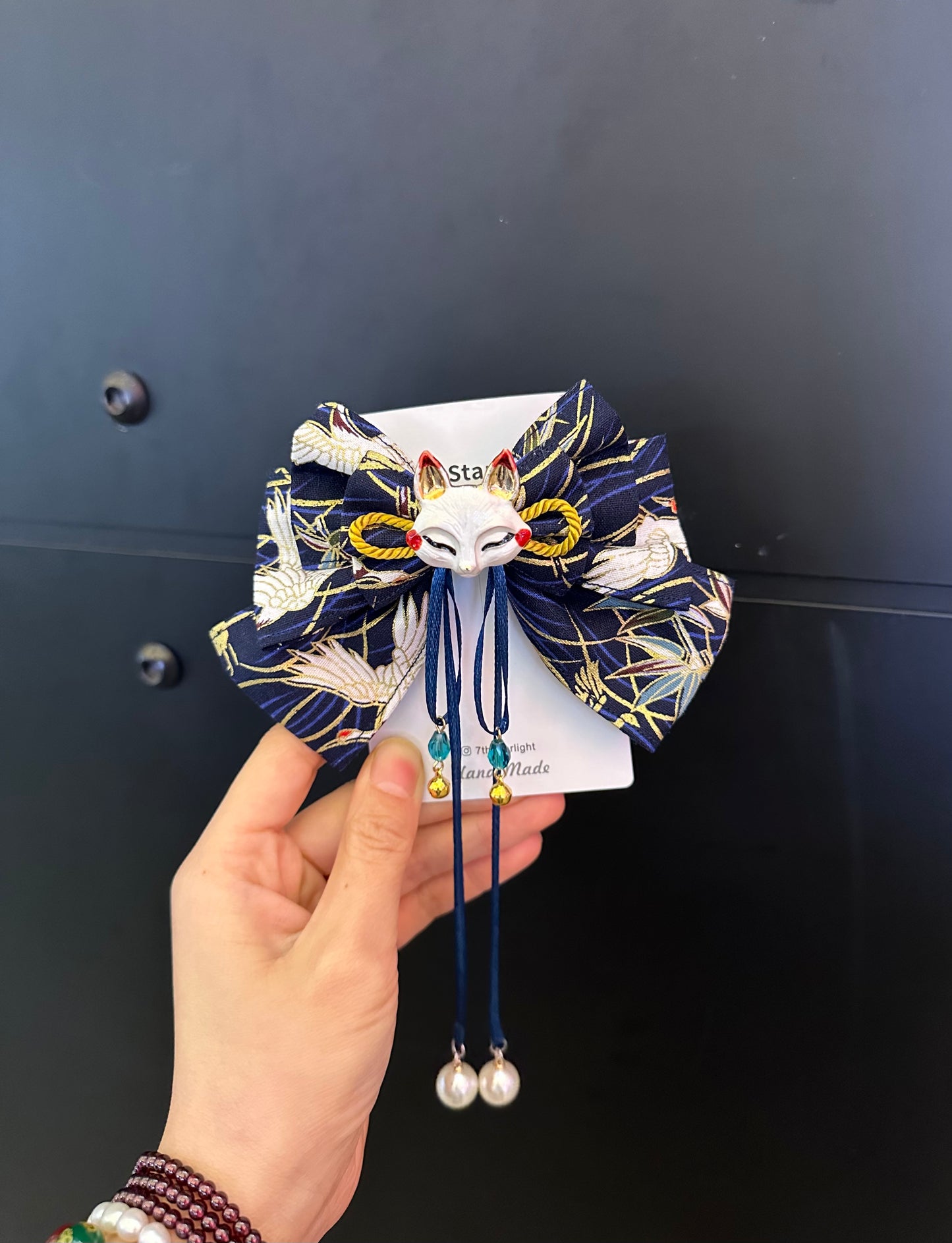 Fox Mask Bow Hair Clip (Dark Blue Crane Fabric)