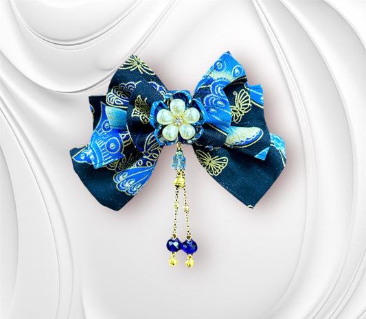 Sakura Bow Hair Clip (Blue Butterfly Fabric)