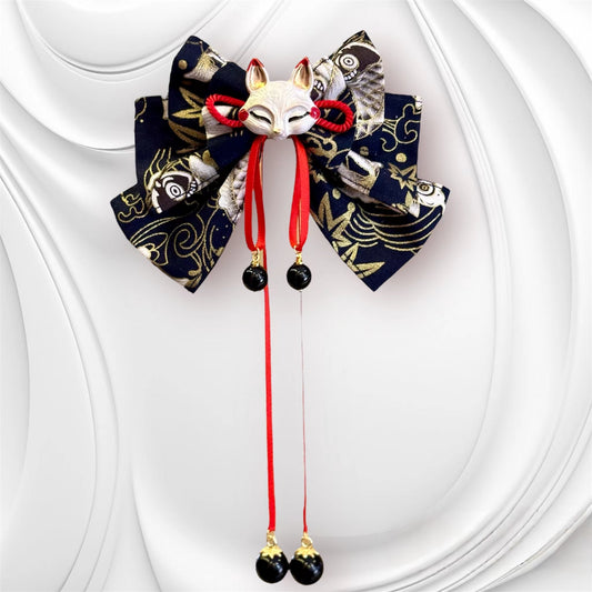 Fox Mask Bow Hair Clip (Black Koi Fabric)
