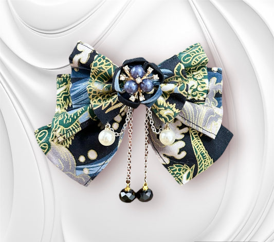 Sakura Bow Hair Clip (Dark Green Dragon Fabric)