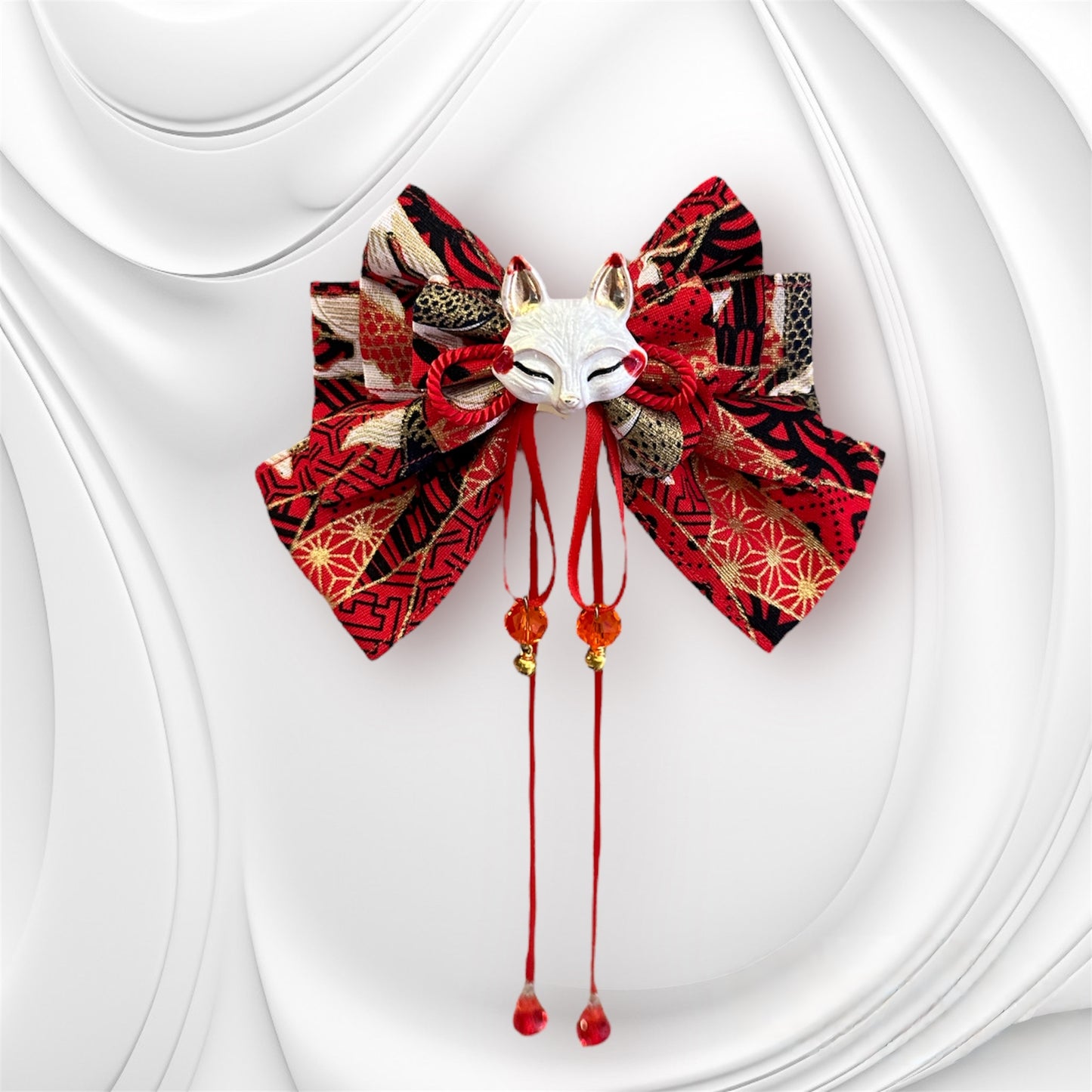 Fox Mask Bow Hair Clip (Bright Red Koi Fabric)