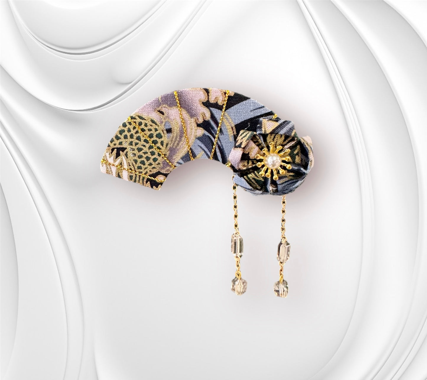 Crescent Moon Sakura Hair Clip (Dark Green Dragon Fabric)