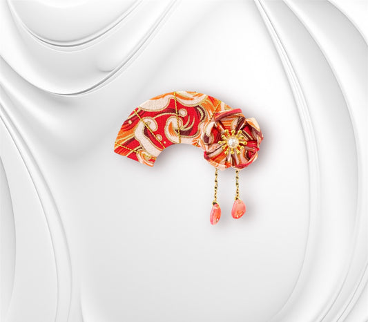Crescent Moon Sakura Hair Clip (Orange Wave Fabric)