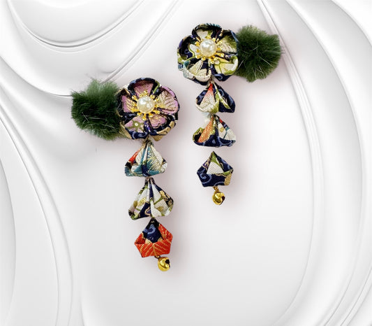 Dual Sakura Hair Clips (Dark Blue Maple Leaf Fabric)