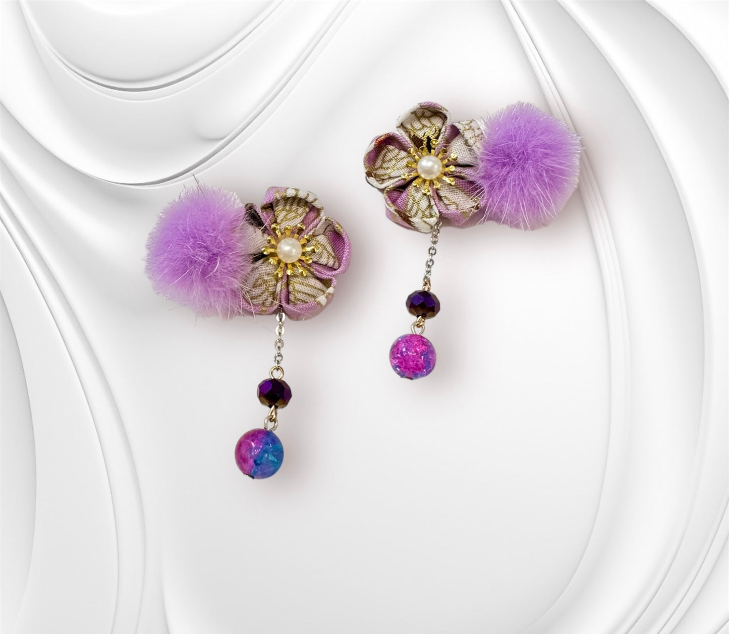 Dual Sakura Mini Hair Clips (Purple Crane Fabric)