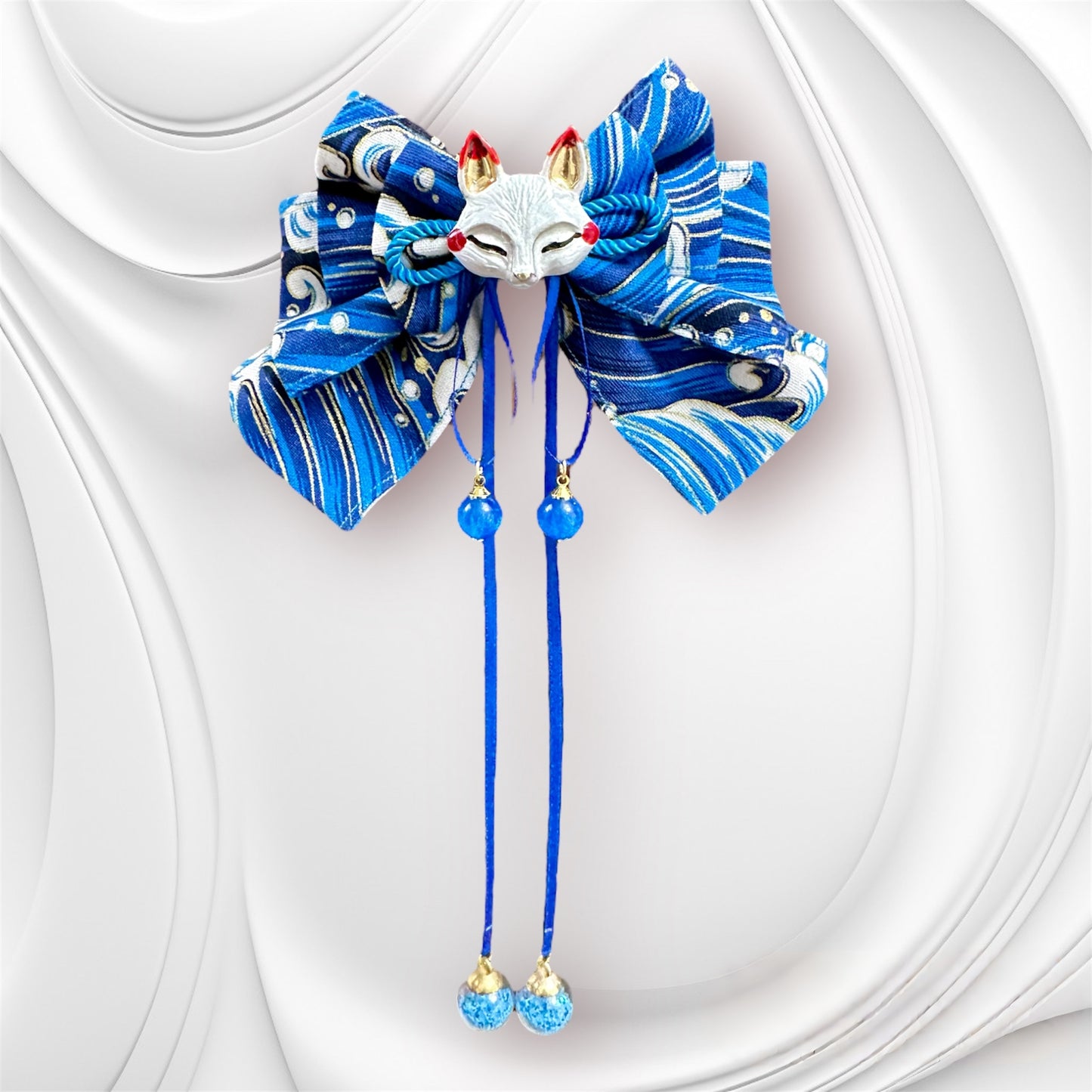 Fox Mask Bow Hair Clip (Blue Wave Fabric)